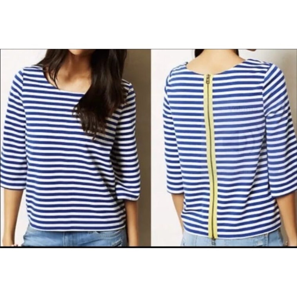 Anthropologie Postmark Zippered Back Knit Blouse-Small-Genoa Stripe-3/4 Sleeve